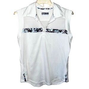 Lija Golf Pickleball Shirt White Sleeveless Collared Floral Stripe Size Large